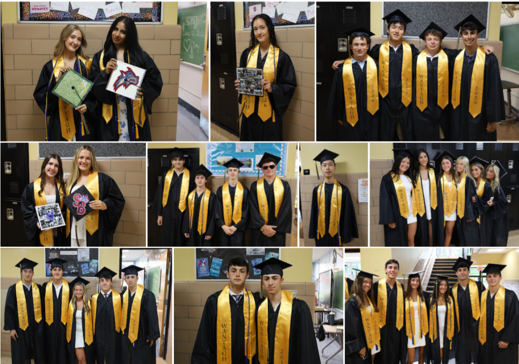 students wearing graduation cap and gowns holding their hats